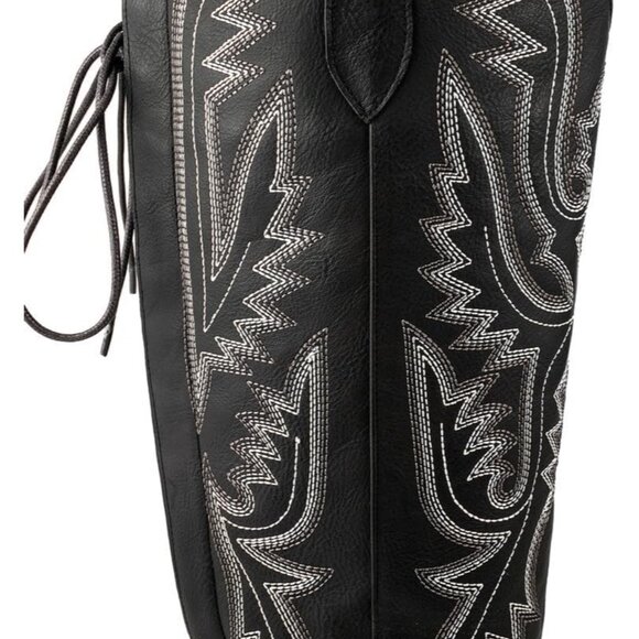 ⚡Women's Black Knee High Wide Calf Lace Up Embroidered Cowgirl Boots Pull On - Picture 7 of 7